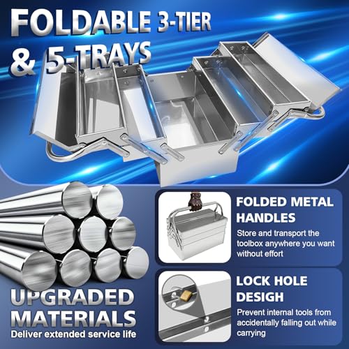FITHOIST Metal Cantilever Tool Box, 3-Tier 5 Tray Fold Out Stainless Steel Tool Box with Handle, 14" Stack-able Portable Tool Storage Box Organizers Chest for Household Factory Warehouse Repair Shop - Image 3