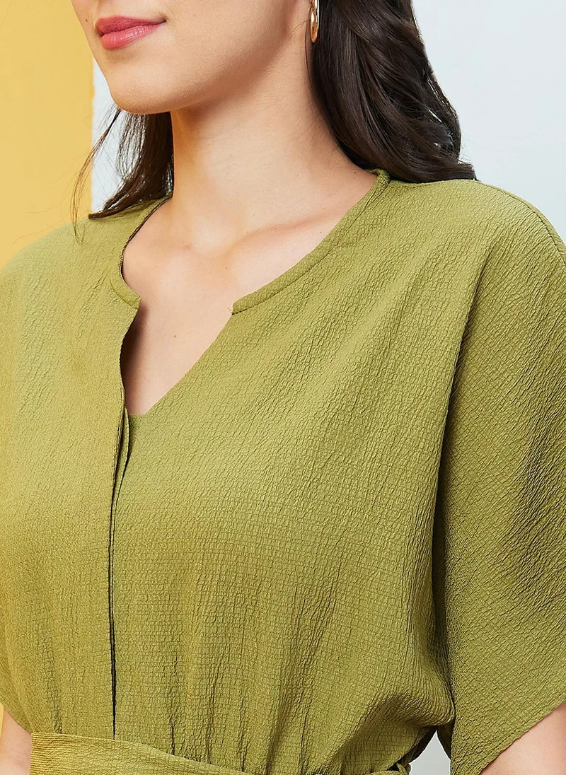 Globus green Globus Women's Green Self Design Casual Jumpsuit with Round Neck V Cut Kimono Sleeves and Belted Waist for Women | Best Price UAE