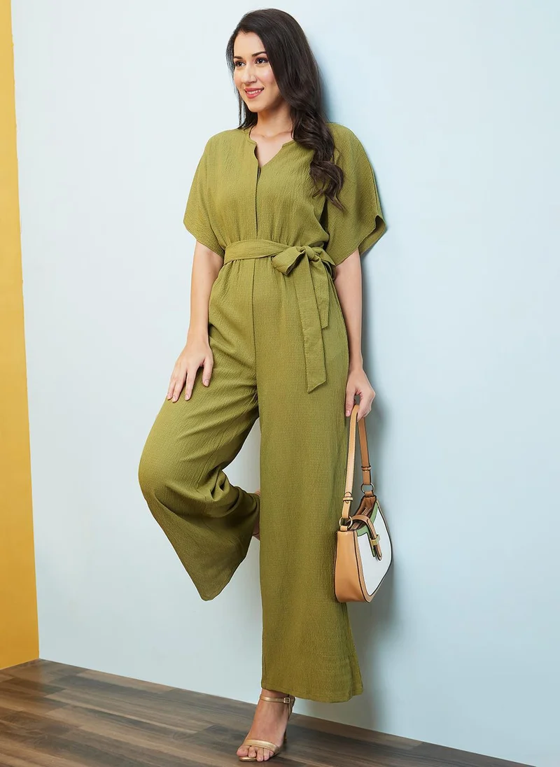 Globus green Globus Women's Green Self Design Casual Jumpsuit with Round Neck V Cut Kimono Sleeves and Belted Waist for Women | Best Price UAE