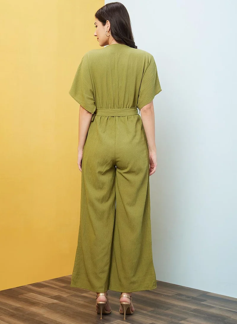 Globus green Globus Women's Green Self Design Casual Jumpsuit with Round Neck V Cut Kimono Sleeves and Belted Waist for Women | Best Price UAE