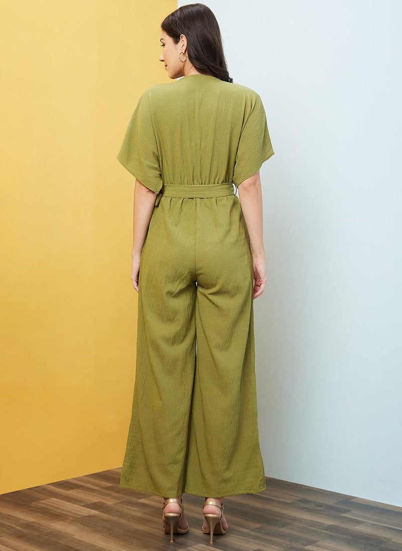 Globus Women's Green Self Design Casual Jumpsuit with Round Neck V Cut Kimono Sleeves and Belted Waist - Image 4