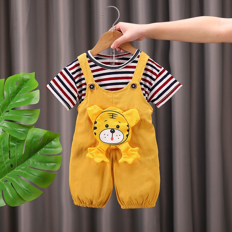 Cross-border childrens clothing summer new boys baby baby childrens suit suspenders cartoon short sleeve suit Bright yellow 
