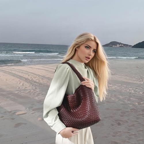 Geelyda 2025 Woven Tote Bag for Women, Extra Large Capacity Soft Leather Handbags with Clutch, Woven Purse for Women Top-handle Shoulder Bag Hobo Tote Bag (Coffee) - Image 2