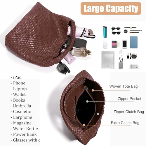 Geelyda 2025 Woven Tote Bag for Women, Extra Large Capacity Soft Leather Handbags with Clutch, Woven Purse for Women Top-handle Shoulder Bag Hobo Tote Bag (Coffee) - Image 5
