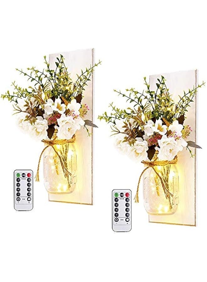 NIBEMINENT Rustic Wall Sconces Mason Jar Sconces Handmade Wall Art Hanging Design with Remote Control LED Fairy Lights and White Peony, Christmas Decor Gifts Farmhouse Home Decor Living Room Lights Set of Two  - Image 1