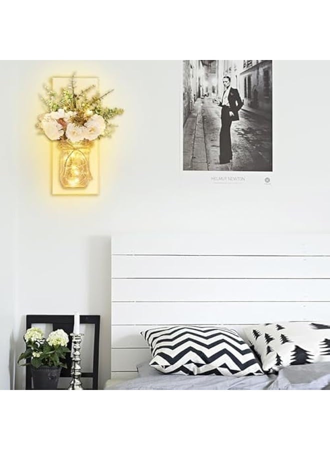 NIBEMINENT Rustic Wall Sconces Mason Jar Sconces Handmade Wall Art Hanging Design with Remote Control LED Fairy Lights and White Peony, Christmas Decor Gifts Farmhouse Home Decor Living Room Lights Set of Two  - Image 5