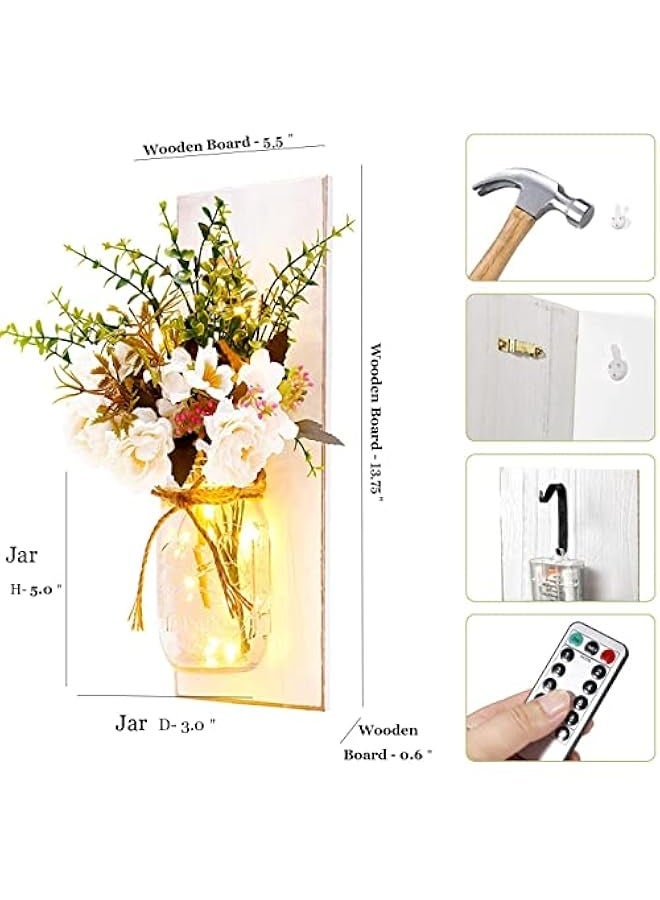 NIBEMINENT Rustic Wall Sconces Mason Jar Sconces Handmade Wall Art Hanging Design with Remote Control LED Fairy Lights and White Peony, Christmas Decor Gifts Farmhouse Home Decor Living Room Lights Set of Two  - Image 4