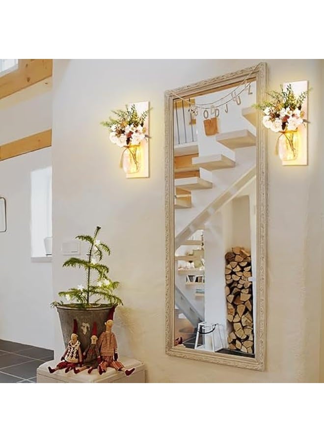 NIBEMINENT Rustic Wall Sconces Mason Jar Sconces Handmade Wall Art Hanging Design with Remote Control LED Fairy Lights and White Peony, Christmas Decor Gifts Farmhouse Home Decor Living Room Lights Set of Two  - Image 3