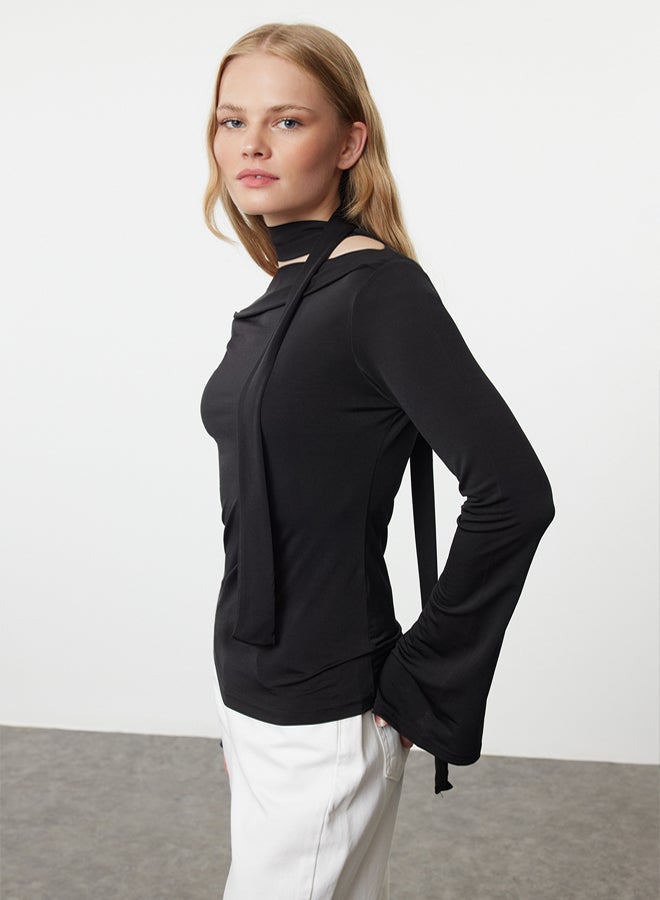 trendyol Black Shawl Detailed Fitted Stretchy Knitted Blouse - Image 2