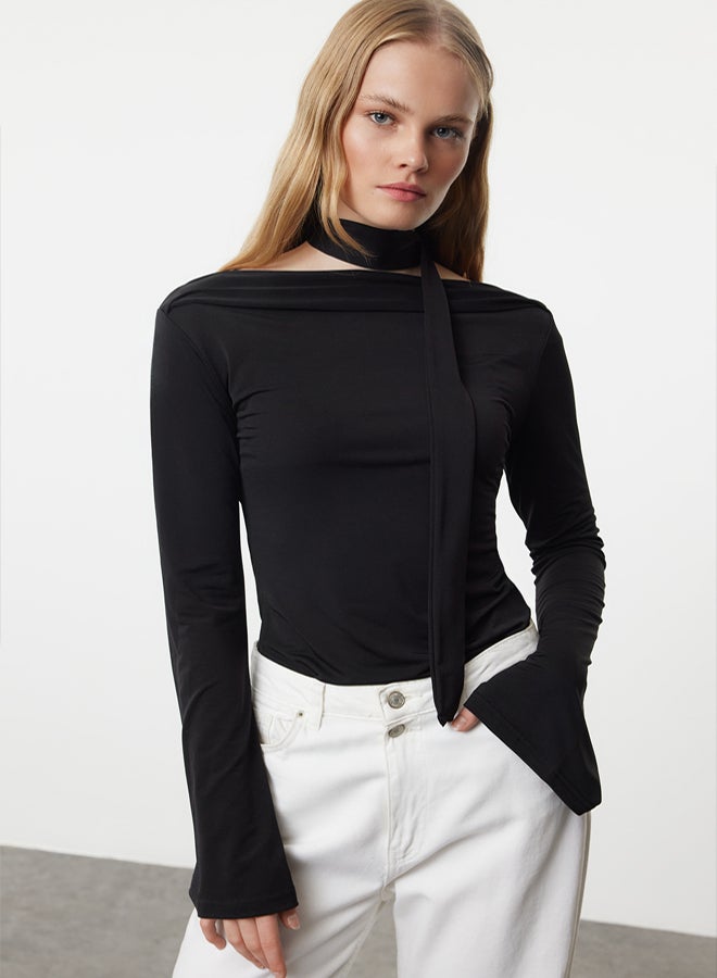 trendyol Black Shawl Detailed Fitted Stretchy Knitted Blouse - Image 1