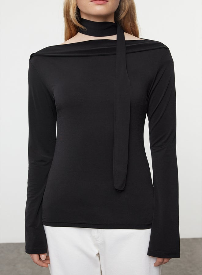 trendyol Black Shawl Detailed Fitted Stretchy Knitted Blouse - Image 3