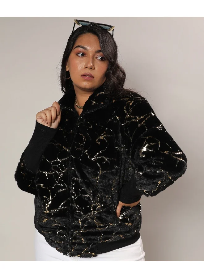 Instafab Plus Women's Carbon Black Metallic Veined Faux Fur Jacket