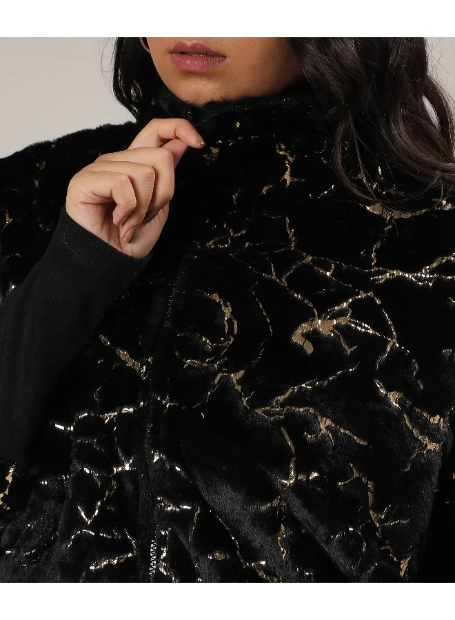 Instafab Plus Women's Carbon Black Metallic Veined Faux Fur Jacket