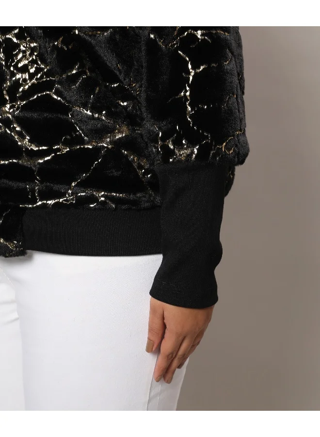 Instafab Plus Women's Carbon Black Metallic Veined Faux Fur Jacket