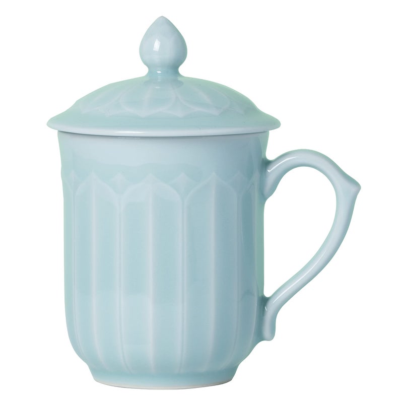 Tingyework Tingyework Porcelain Lotus Tea Cup with Lid and Handle 12 oz Unique Coffee Mug Microwave Dishwasher Safe Gifts for Women and Men Aesthetic Chinese Celadon 1 Pack Ivory Blue 
