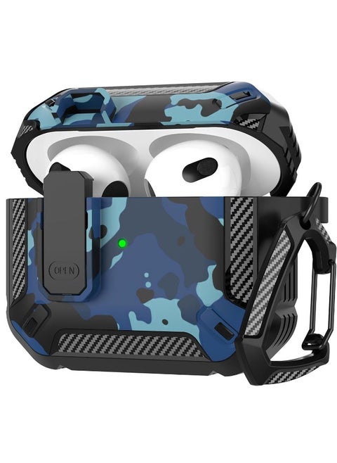 Airpods 3 Case, Apple Airpods 3rd Generation Cover with Lock, Airpods 3 Generation Protective Case, Military Hard Shell Rugged Shockproof Cover with Keychain for Apple Airpods 3 2021 (Camo Blue)