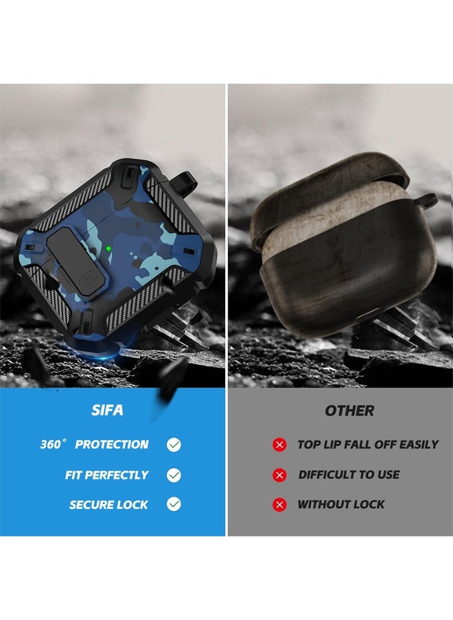 Generic - Airpods 3 Case, Apple Airpods 3rd Generation Cover with Lock, Airpods 3 Generation Protective Case, Military Hard Shell Rugged Shockproof Cover with Keychain for Apple Airpods 3 2021 (Camo Blue) - Image 1