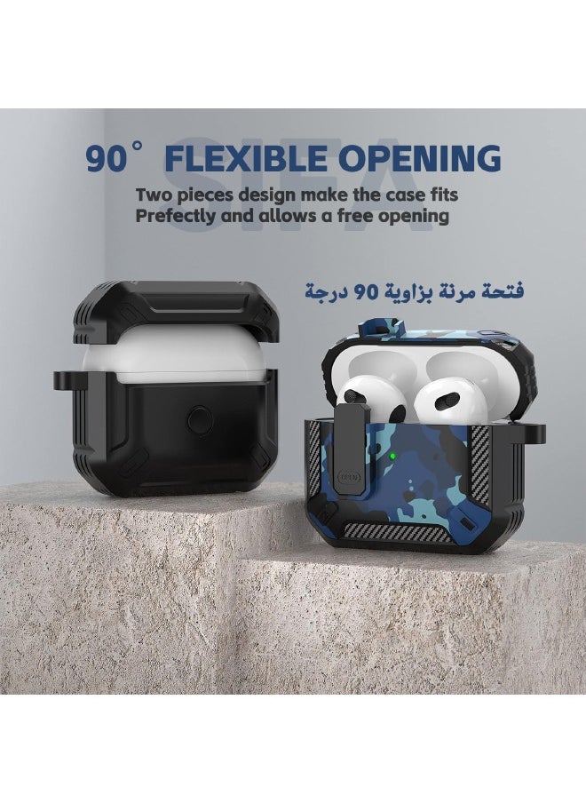 Generic - Airpods 3 Case, Apple Airpods 3rd Generation Cover with Lock, Airpods 3 Generation Protective Case, Military Hard Shell Rugged Shockproof Cover with Keychain for Apple Airpods 3 2021 (Camo Blue) - Image 1