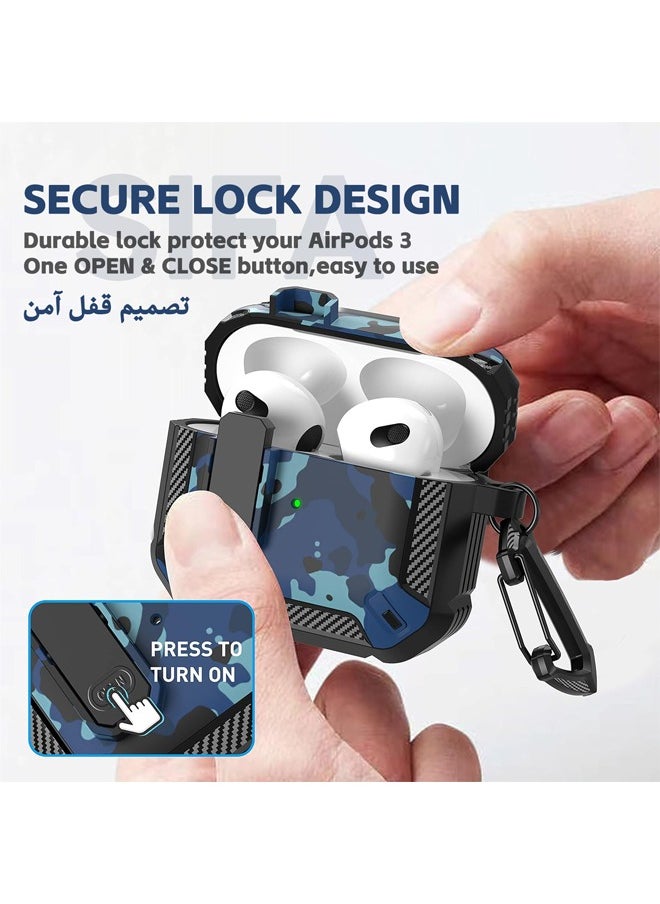 Generic - Airpods 3 Case, Apple Airpods 3rd Generation Cover with Lock, Airpods 3 Generation Protective Case, Military Hard Shell Rugged Shockproof Cover with Keychain for Apple Airpods 3 2021 (Camo Blue) - Image 1