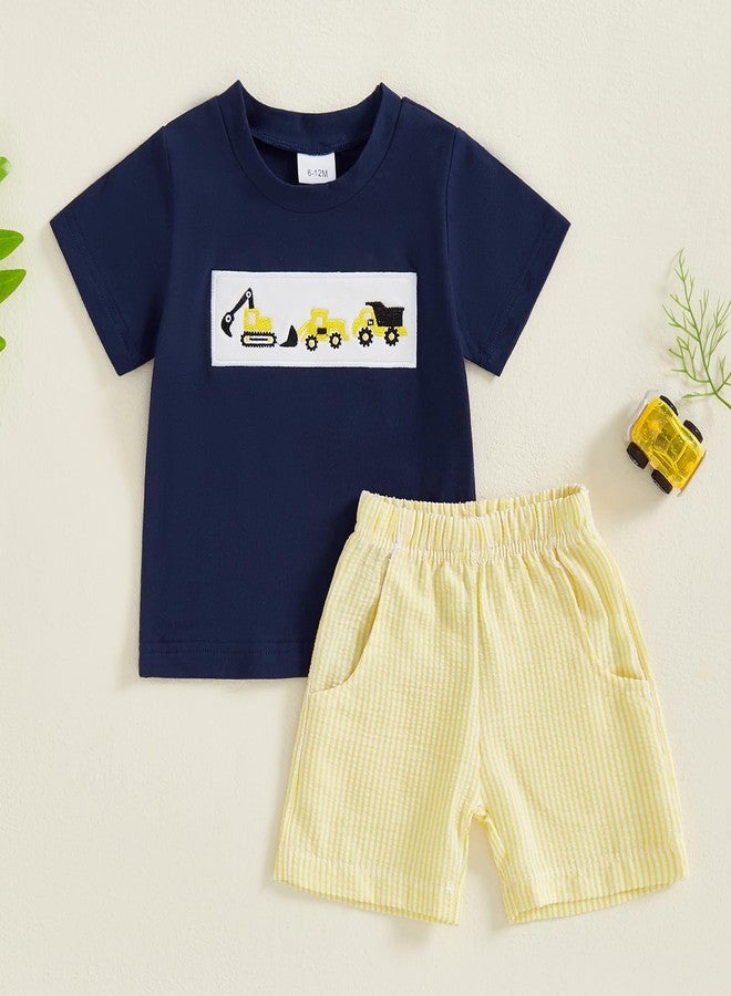 Mobbdow Toddler Baby Boy Summer Outfits Excavator Embroidery Short Sleeve T-Shirt Top Seersucker Stripe Shorts Set (Navy&Yellow, 18-24 Months) - Image 2