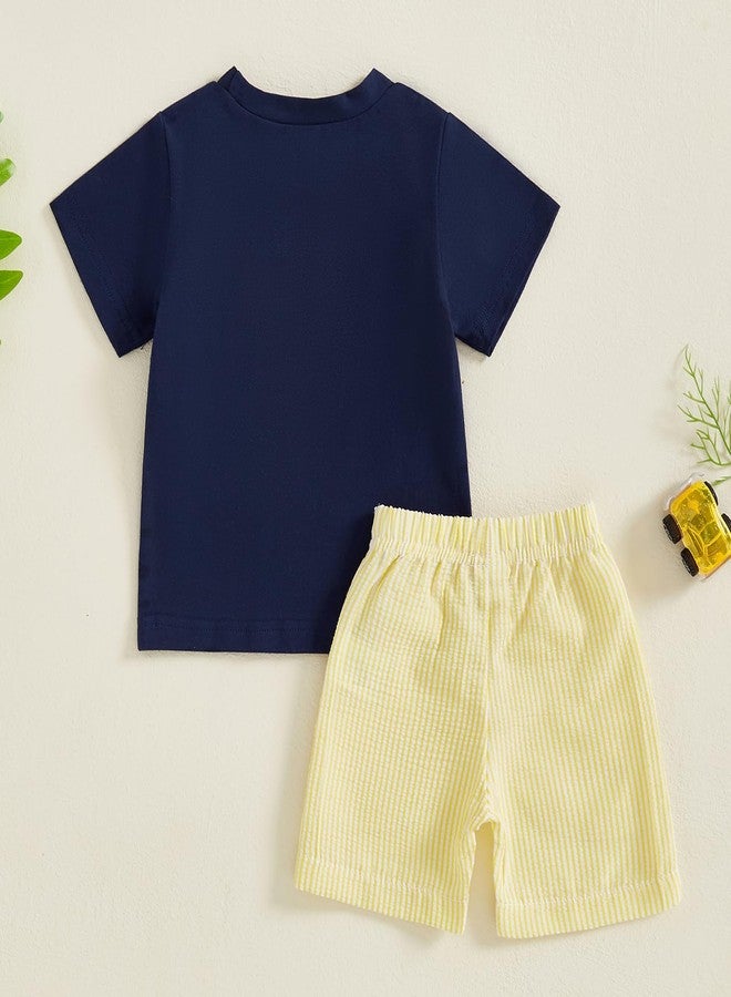 Mobbdow Toddler Baby Boy Summer Outfits Excavator Embroidery Short Sleeve T-Shirt Top Seersucker Stripe Shorts Set (Navy&Yellow, 18-24 Months) - Image 3