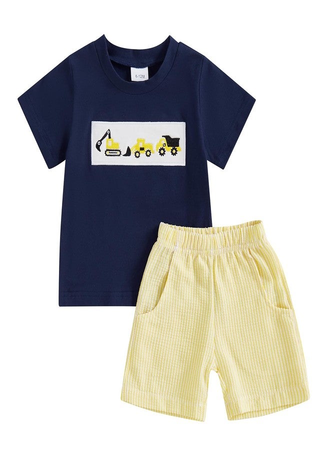Mobbdow Toddler Baby Boy Summer Outfits Excavator Embroidery Short Sleeve T-Shirt Top Seersucker Stripe Shorts Set (Navy&Yellow, 18-24 Months) - Image 1