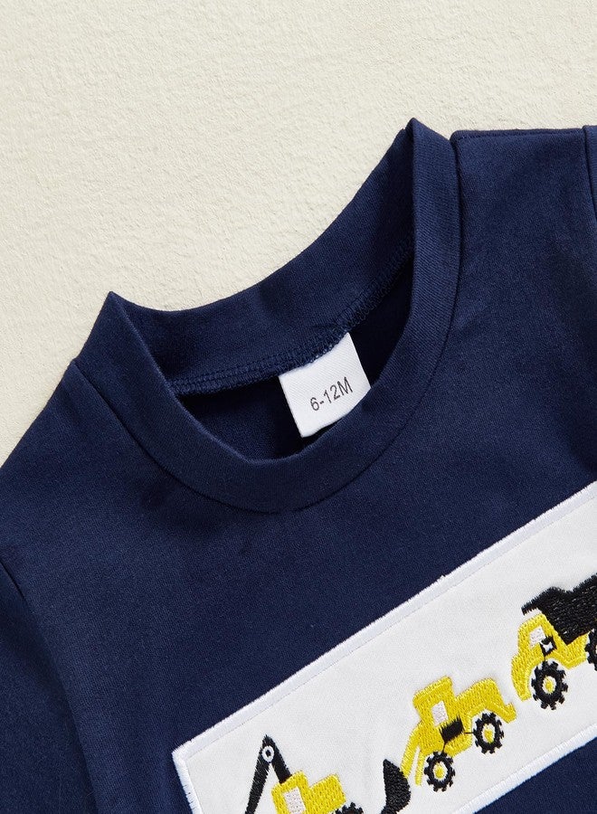 Mobbdow Toddler Baby Boy Summer Outfits Excavator Embroidery Short Sleeve T-Shirt Top Seersucker Stripe Shorts Set (Navy&Yellow, 18-24 Months) - Image 4