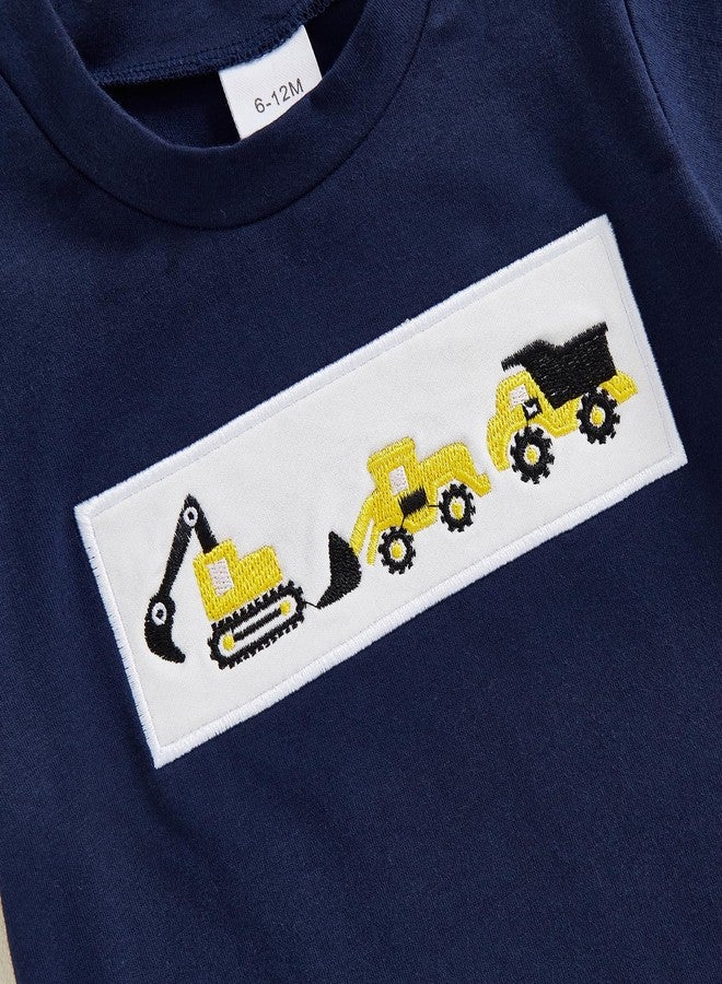 Mobbdow Toddler Baby Boy Summer Outfits Excavator Embroidery Short Sleeve T-Shirt Top Seersucker Stripe Shorts Set (Navy&Yellow, 18-24 Months) - Image 5
