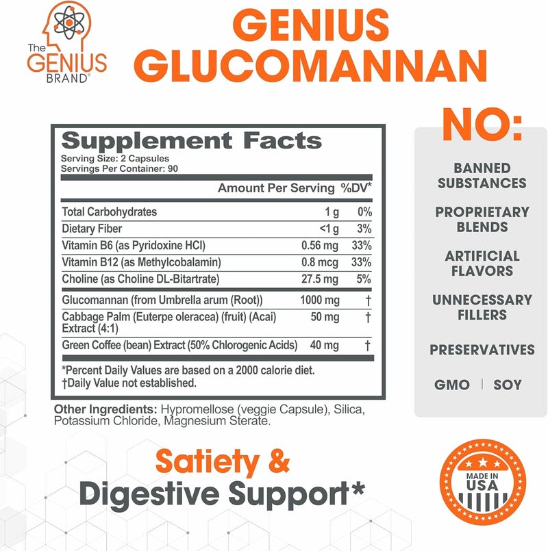 The Genius Brand Genius Glucomannan  Glucomannan Capsules for Digestive Health Energy  Satiety Support  Natural Fiber for Stomach Comfort  NonGMO  Vegan  180 Veggie Capsules - Image 2