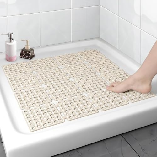 Home-Cloud Homecloud Non-Slip Shower Mat for Bathroom & Bathtub – Anti-Skid Mat with Strong Suction Cups, Drainage Holes & Foot Massage Surface-Exfoliating Textured Bath Mat for Adults & Kids (Square_Beige) - Image 1