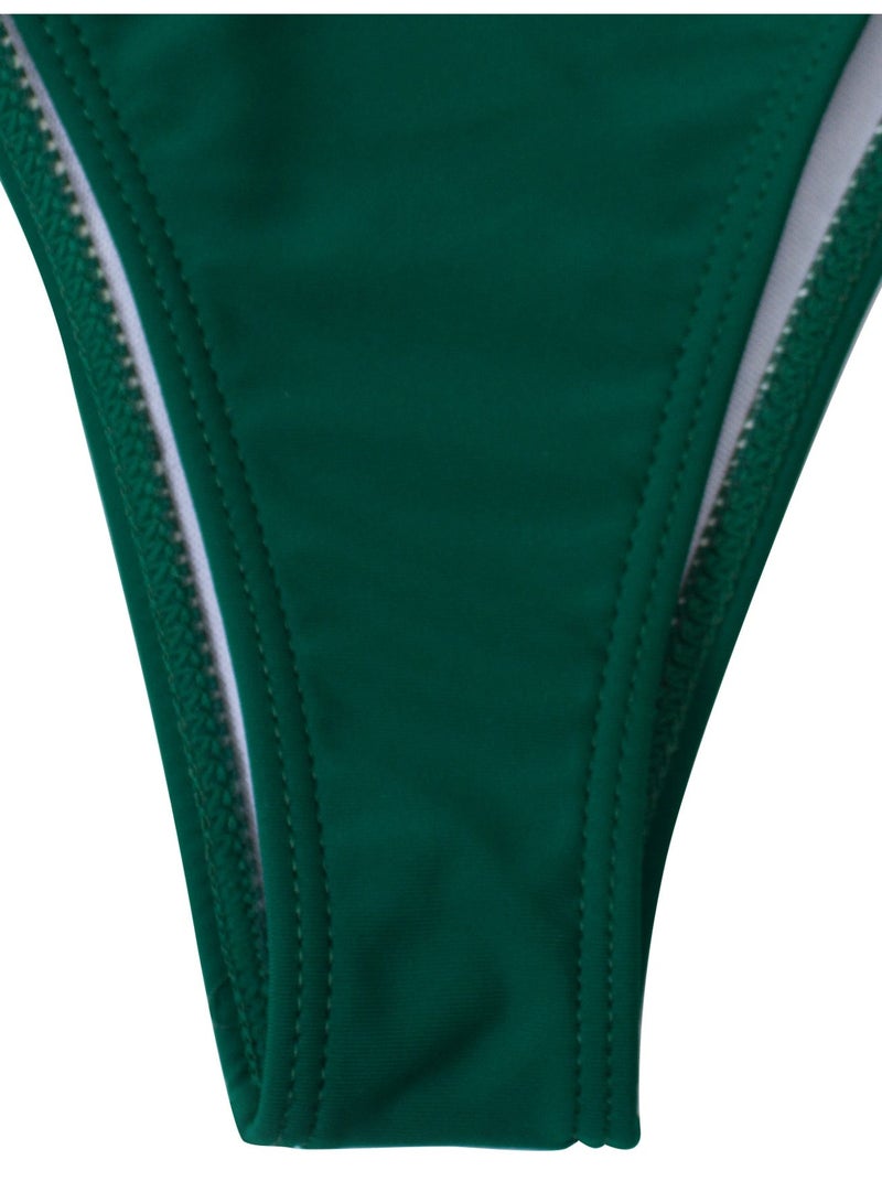 Women's 3-Piece Green Swimsuit Set, Triangle Halter Bikini with Sheer Mesh Long Sleeve Cover-Up - Image 3