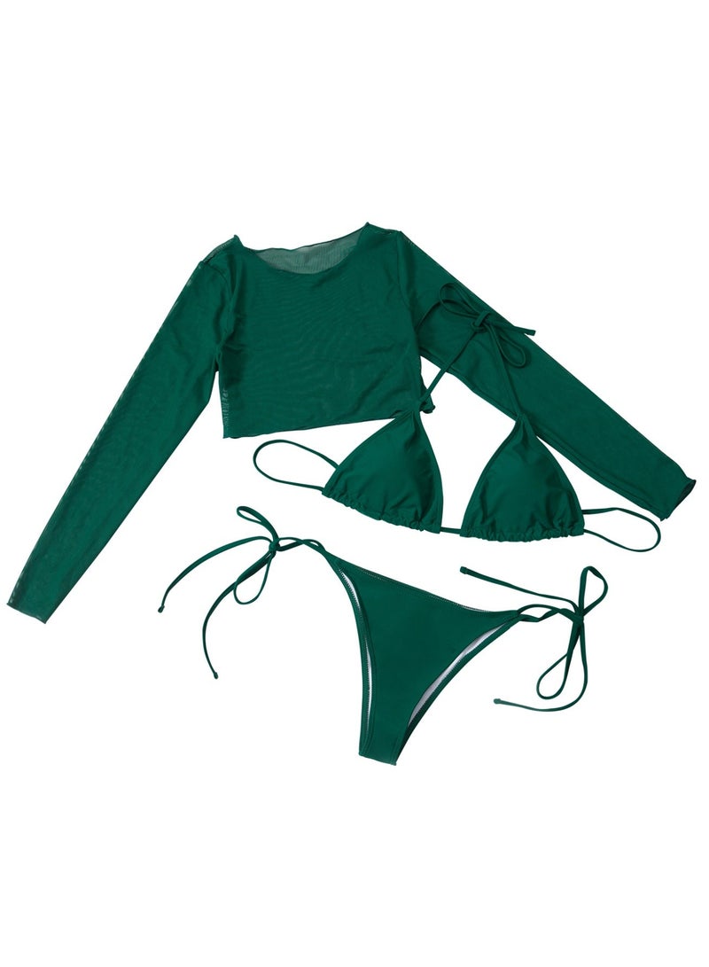 Women's 3-Piece Green Swimsuit Set, Triangle Halter Bikini with Sheer Mesh Long Sleeve Cover-Up - Image 2