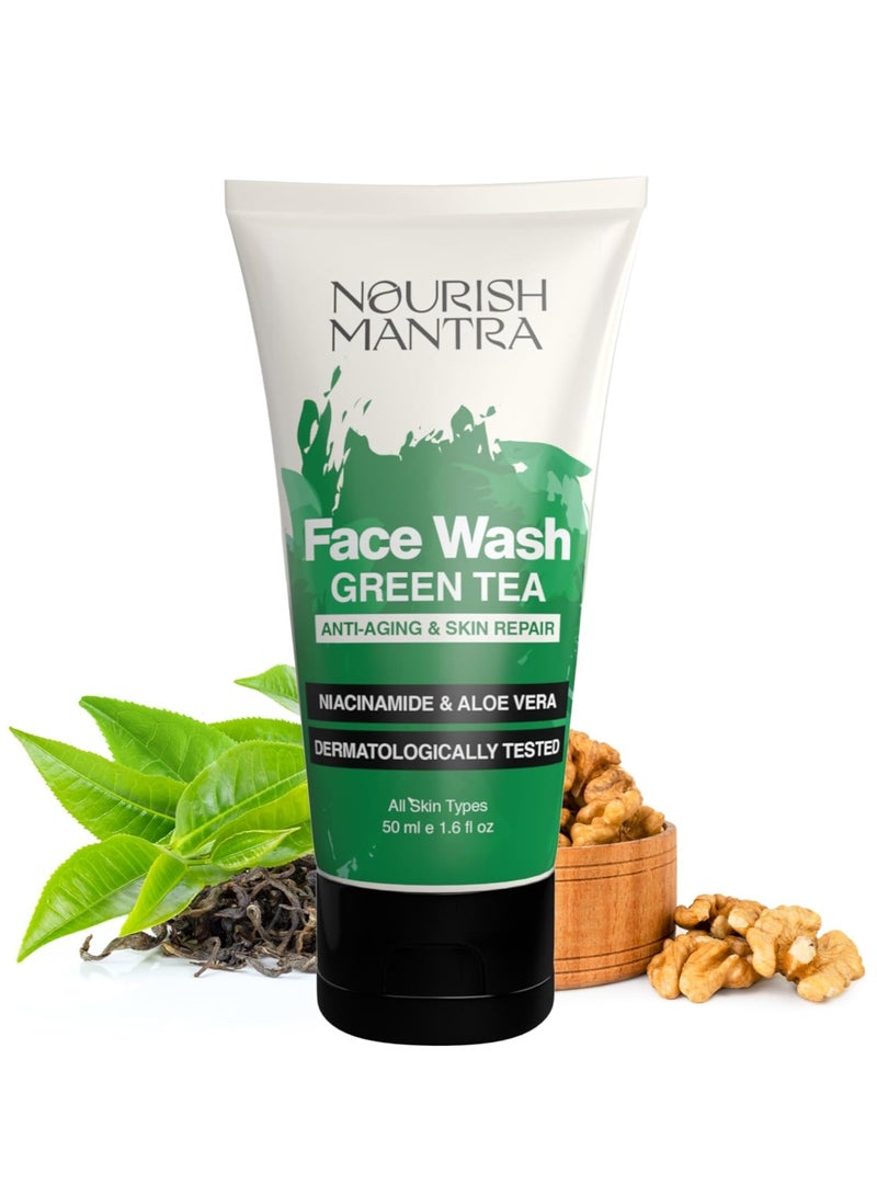 Nourish Mantra Green Tea Tatva Face Wash With Green Tea  Walnut Powder and Niacinamide For All Skin Types 2 in 1 Exfoliator and Face Cleanser Paraben and SLSSLES Free  50 ml - Image 1