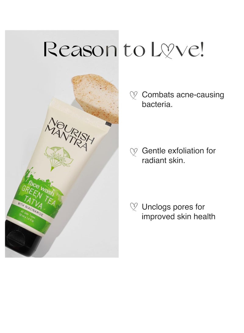 Nourish Mantra Green Tea Tatva Face Wash With Green Tea  Walnut Powder and Niacinamide For All Skin Types 2 in 1 Exfoliator and Face Cleanser Paraben and SLSSLES Free  50 ml - Image 4
