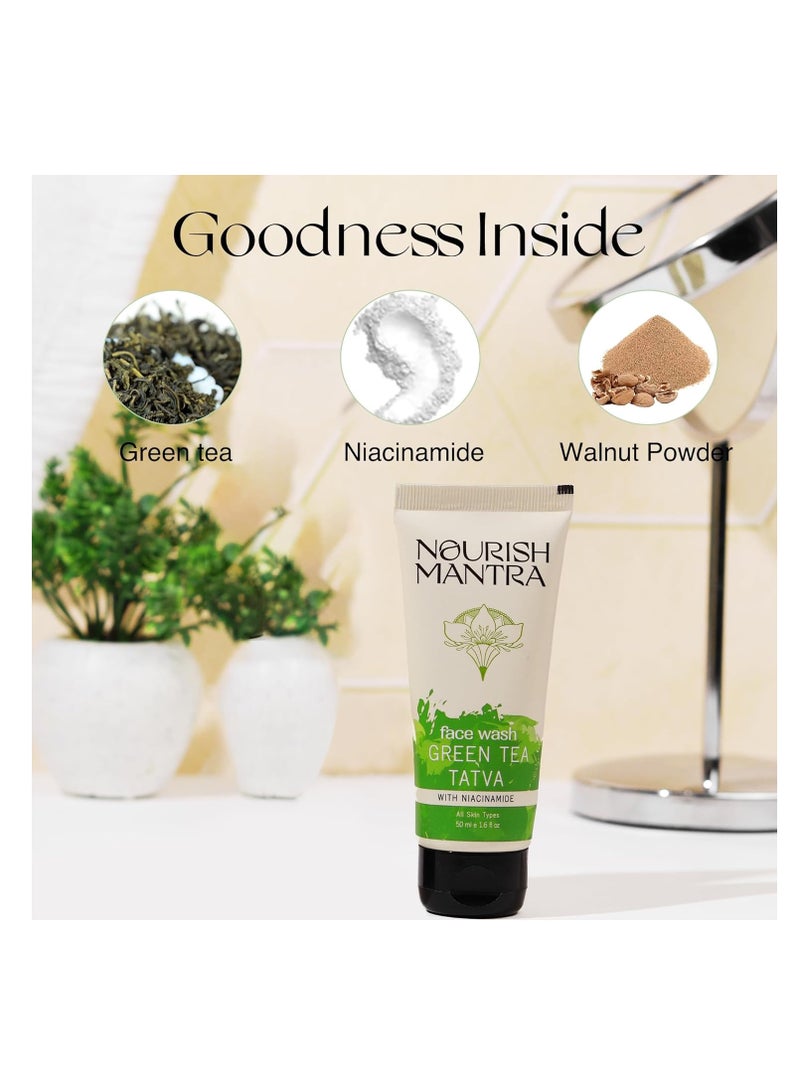 Nourish Mantra Green Tea Tatva Face Wash With Green Tea  Walnut Powder and Niacinamide For All Skin Types 2 in 1 Exfoliator and Face Cleanser Paraben and SLSSLES Free  50 ml - Image 3