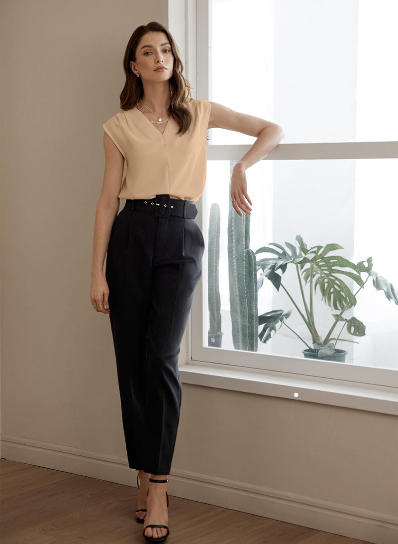 EVALESS Sleeveless Tops for Women Dressy Casual Summer Pleated V Neck Work Blouses Trendy 2026 Oatmeal XL - Image 5