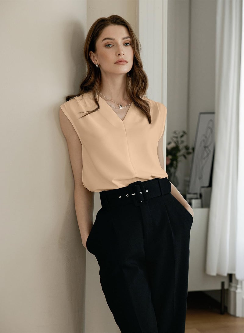 EVALESS Sleeveless Tops for Women Dressy Casual Summer Pleated V Neck Work Blouses Trendy 2026 Oatmeal XL - Image 3