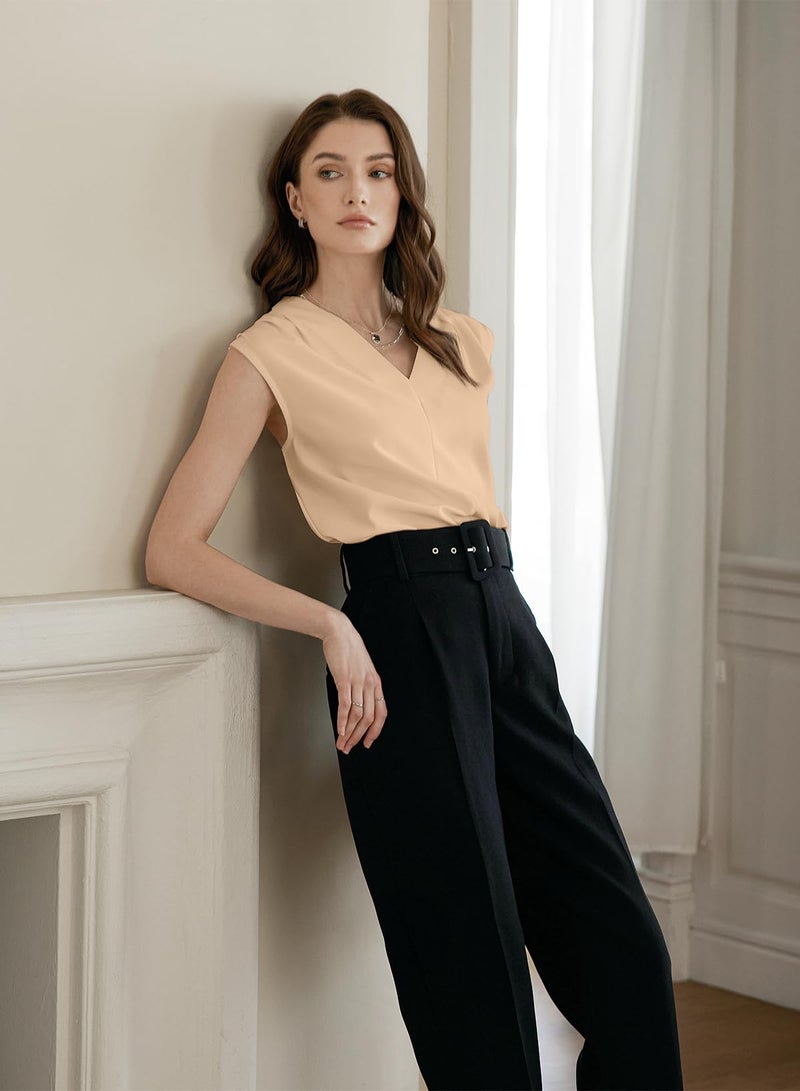 EVALESS Sleeveless Tops for Women Dressy Casual Summer Pleated V Neck Work Blouses Trendy 2026 Oatmeal XL - Image 4