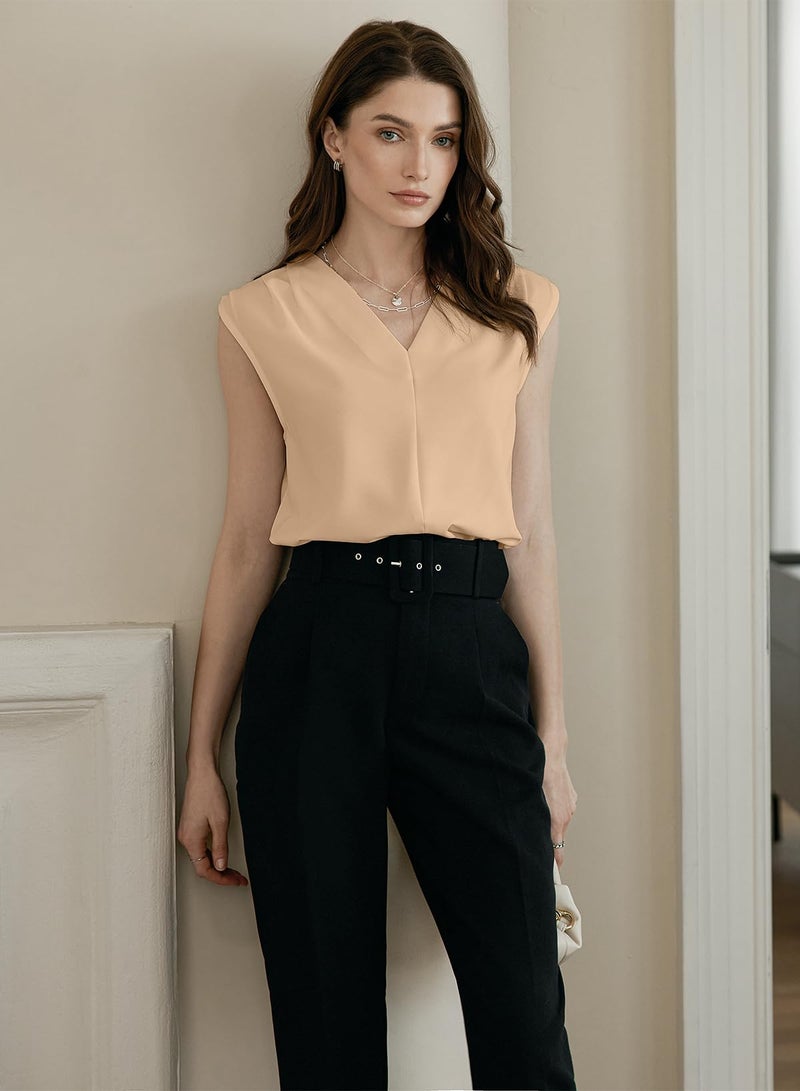 EVALESS Sleeveless Tops for Women Dressy Casual Summer Pleated V Neck Work Blouses Trendy 2026 Oatmeal XL - Image 2