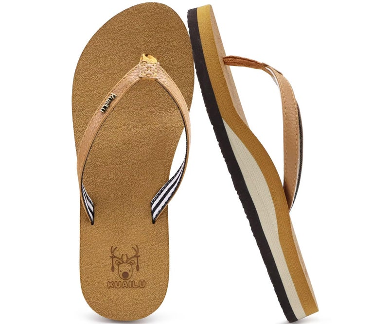 KuaiLu Womens Arch Support Flip Flops Comfortable Yoga Mat Slip on Leather Walking Thong Cushion Sandals Summer Beach Orthotic Slides Travel Essentials Indoor Outdoor Slippers Shoes Khaki Size 11 - Image 1
