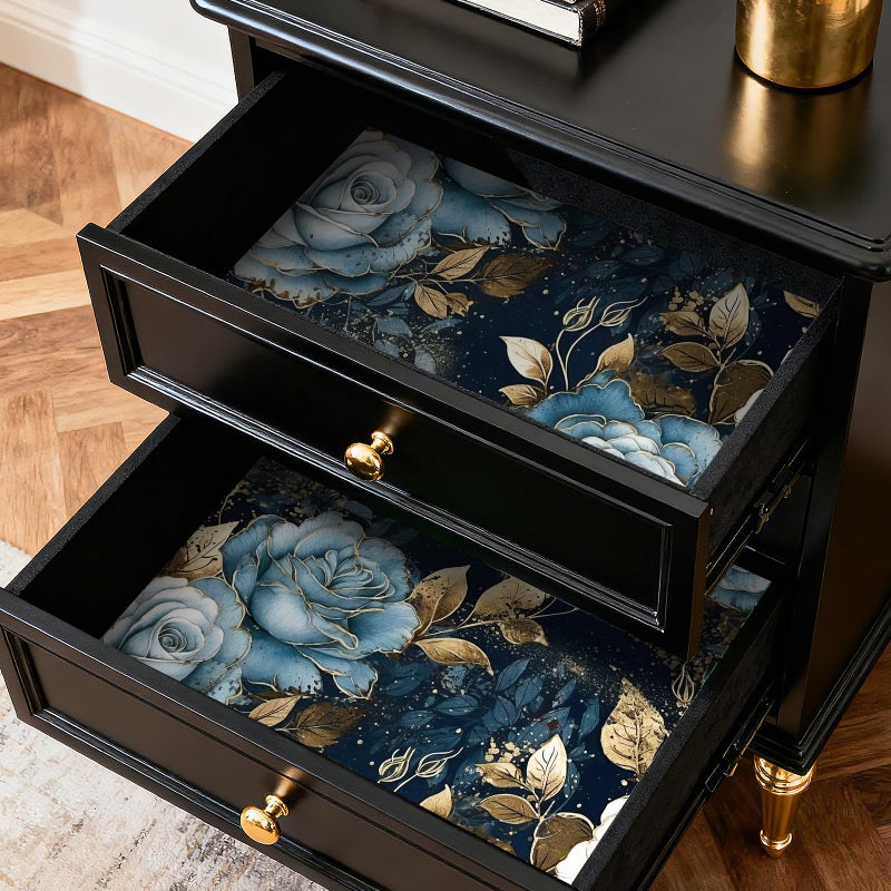HelloWall Navy Blue and Gold Floral Wallpaper Peel and Stick Vintage Dark Blue Wallpaper with Metallic Gold Accent Dark Academia Moody Luxury Floral Contact Paper Drawer Liner Easy Removable 17.5x80 - Image 5