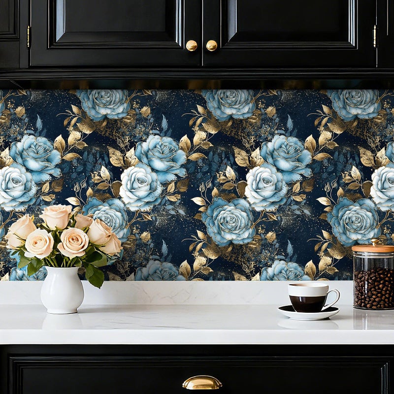 HelloWall Navy Blue and Gold Floral Wallpaper Peel and Stick Vintage Dark Blue Wallpaper with Metallic Gold Accent Dark Academia Moody Luxury Floral Contact Paper Drawer Liner Easy Removable 17.5x80 - Image 3
