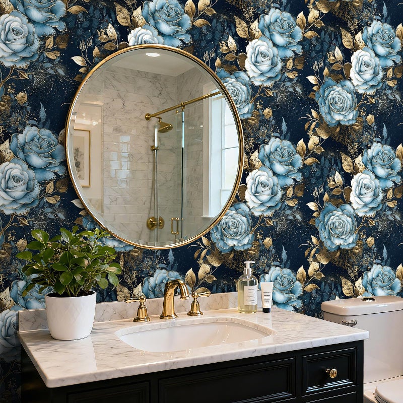 HelloWall Navy Blue and Gold Floral Wallpaper Peel and Stick Vintage Dark Blue Wallpaper with Metallic Gold Accent Dark Academia Moody Luxury Floral Contact Paper Drawer Liner Easy Removable 17.5x80 - Image 4