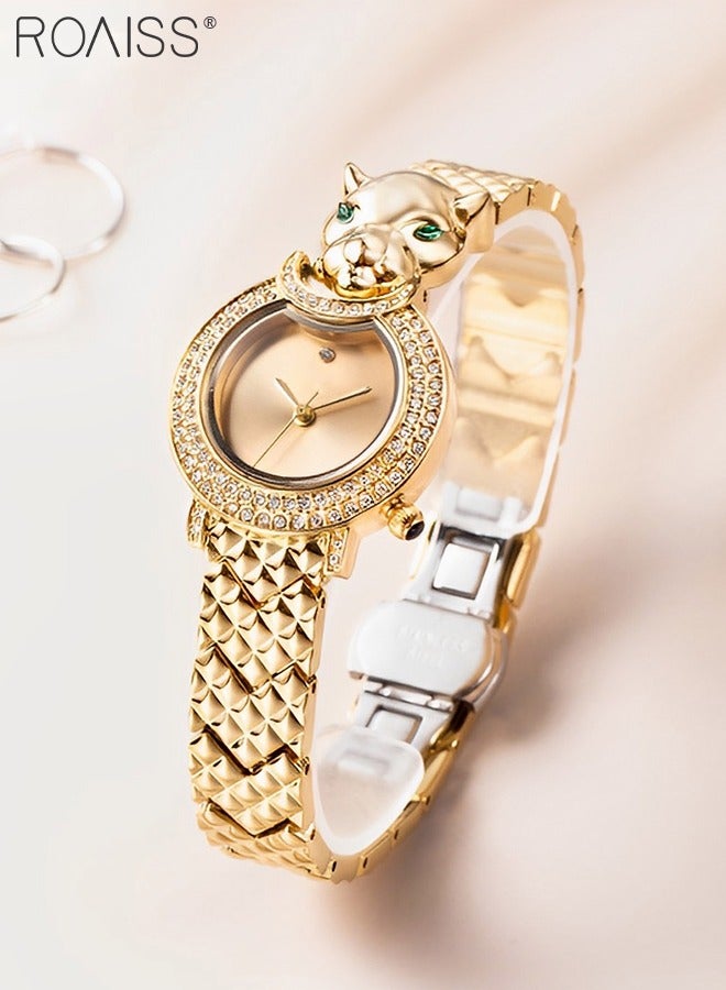 roaiss Shine Gold Bracelet Quartz Watch for Women, Analog Display Round Gold Dial Watch Decorated with Leopard Head Pattern and Rhinestones, Waterproof Retro Watch as Gift for Ladies - Image 2