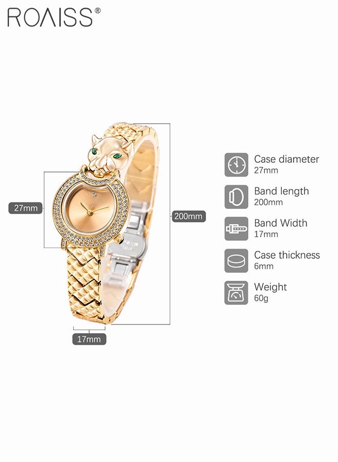 roaiss Shine Gold Bracelet Quartz Watch for Women, Analog Display Round Gold Dial Watch Decorated with Leopard Head Pattern and Rhinestones, Waterproof Retro Watch as Gift for Ladies - Image 3