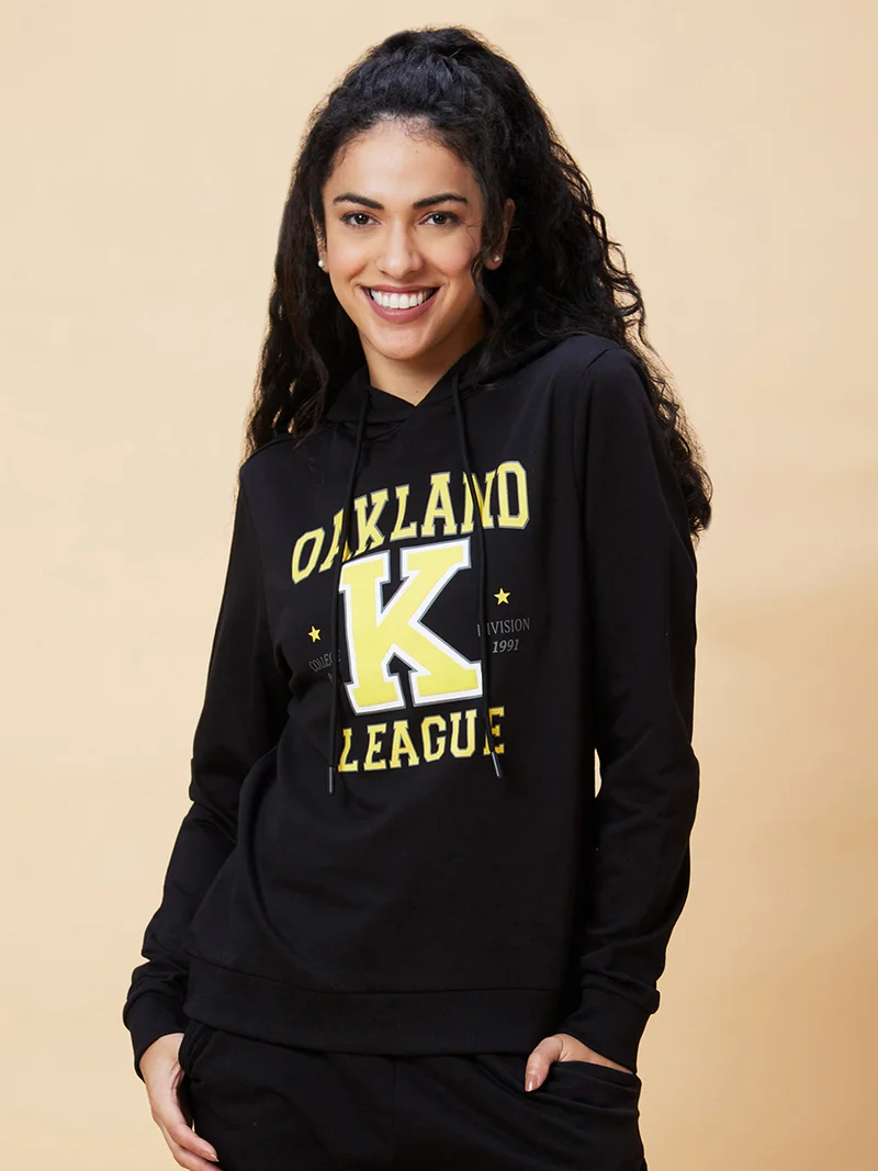 globus Globus Women Black Typography Printed Hooded Pure Cotton Pullover