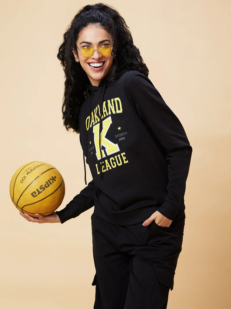 globus Globus Women Black Typography Printed Hooded Pure Cotton Pullover