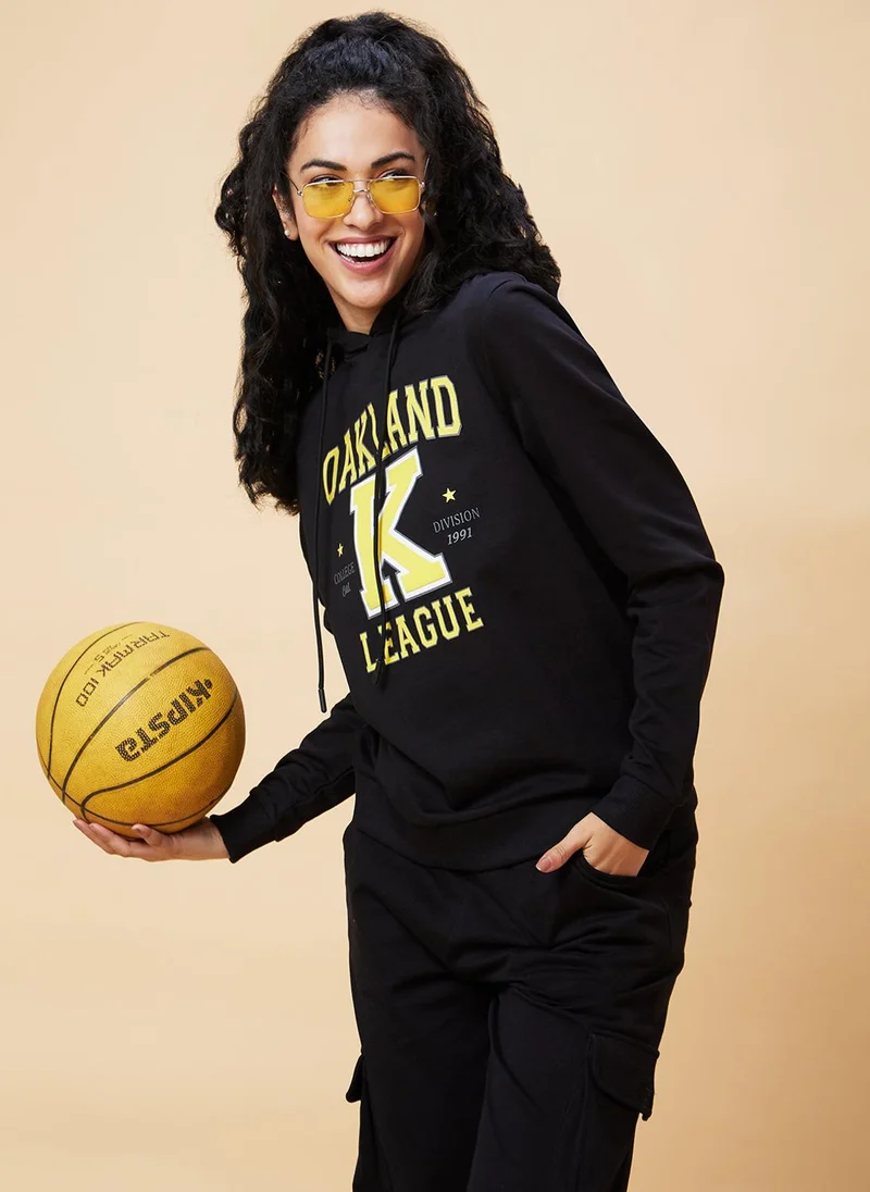 globus Globus Women Black Typography Printed Hooded Pure Cotton Pullover