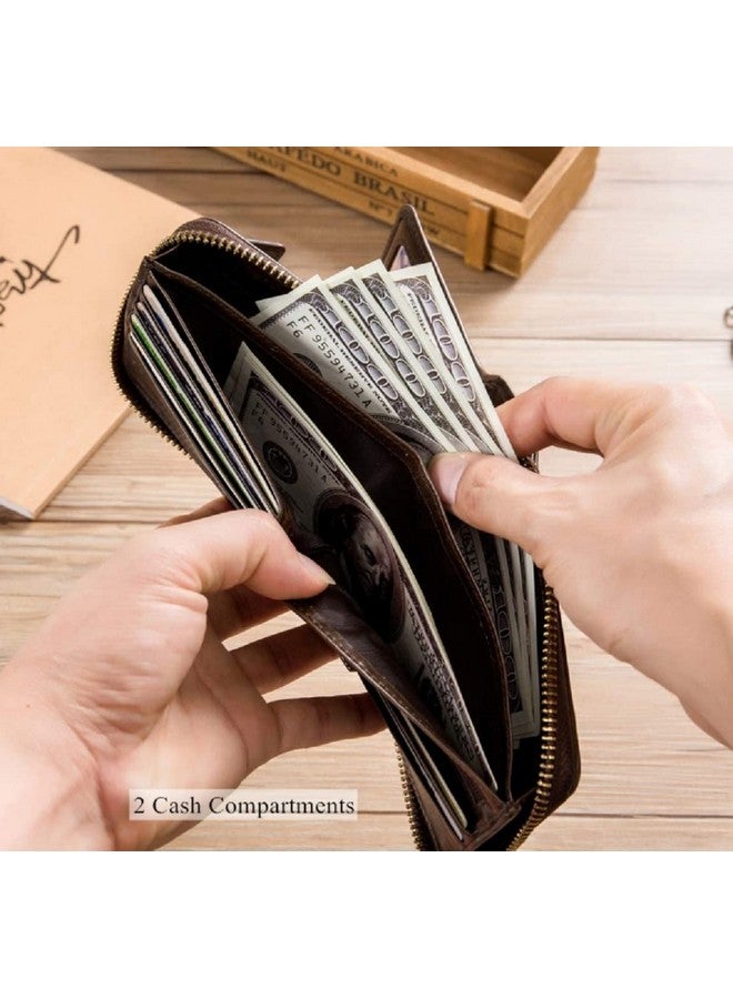 Contacts Men's Genuine Leather Wallet | RFID Blocking Zip Around Bifold Wallet for Men | Up to 11 Card Slots Including 1 ID Window and 2 Bill compartments (Brown) - Image 4