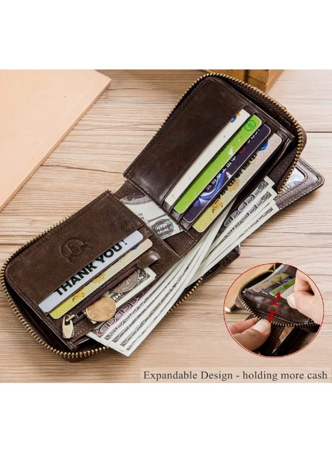 Contacts Men's Genuine Leather Wallet | RFID Blocking Zip Around Bifold Wallet for Men | Up to 11 Card Slots Including 1 ID Window and 2 Bill compartments (Brown) - Image 3